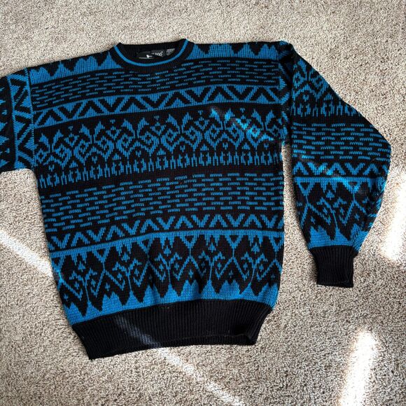 VTG Sweater Mens Unisex M Black Blue Geo Fair Isle Chunky Knit Coogi Dupe NWT - Picture 1 of 9